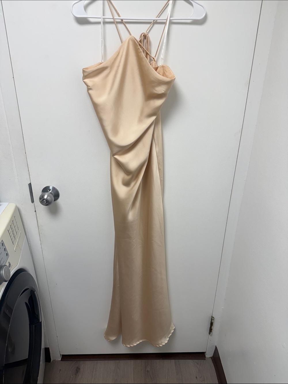 Billy J Champagne Satin Maxi Slip Dress with Adjustable Spaghetti Straps